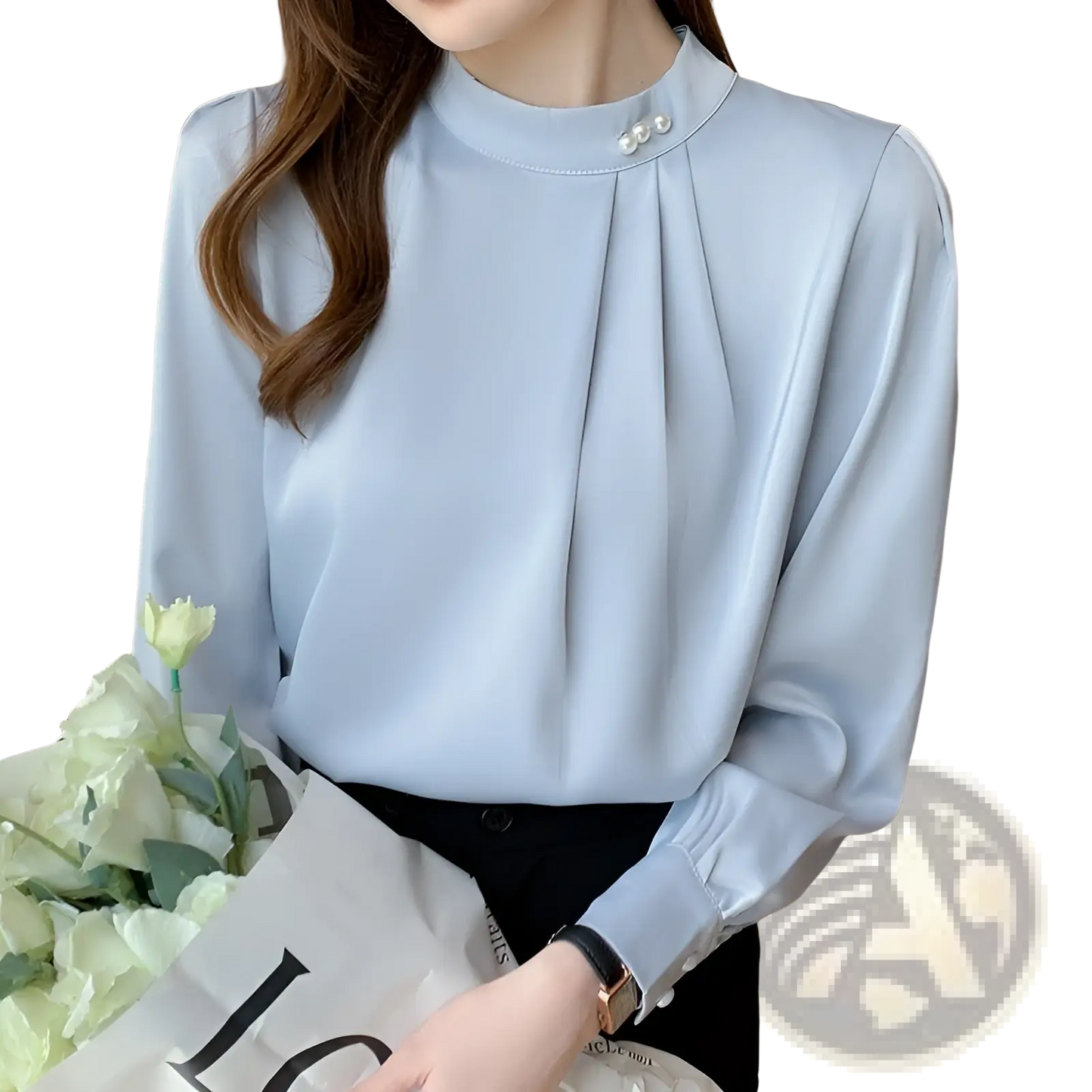 Women's Loose Satin Blouse with Pearl Button Accents