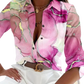 Women's Marble Print Satin Long Sleeve Button Blouse