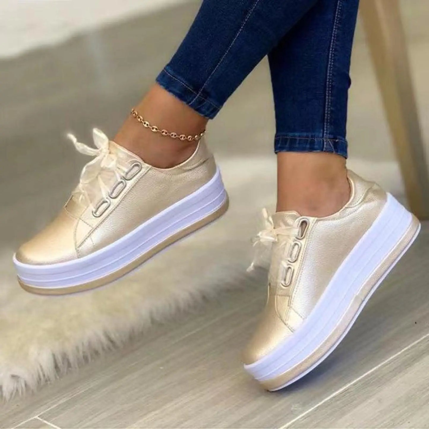 Women's Metallic Lace Up Platform Round Toe Casual Shoes