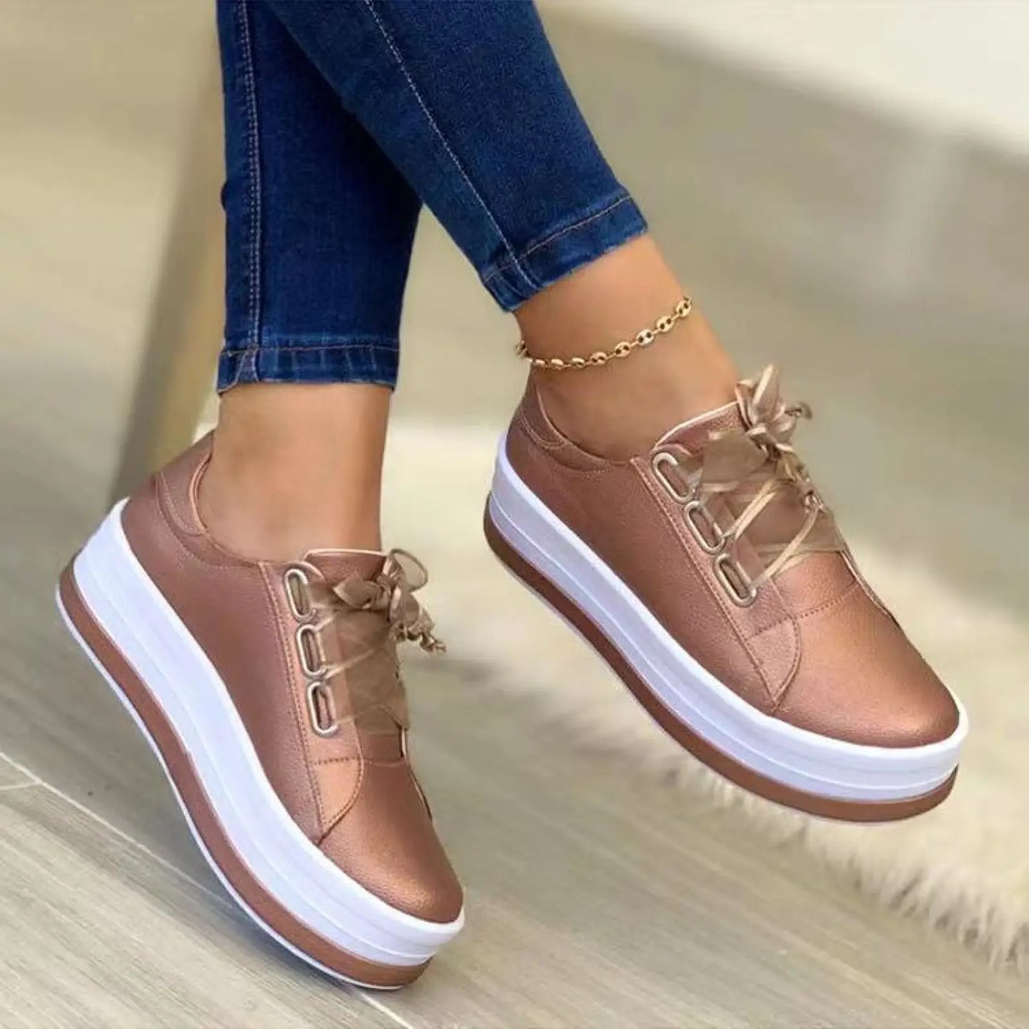 Women's Metallic Lace Up Platform Round Toe Casual Shoes