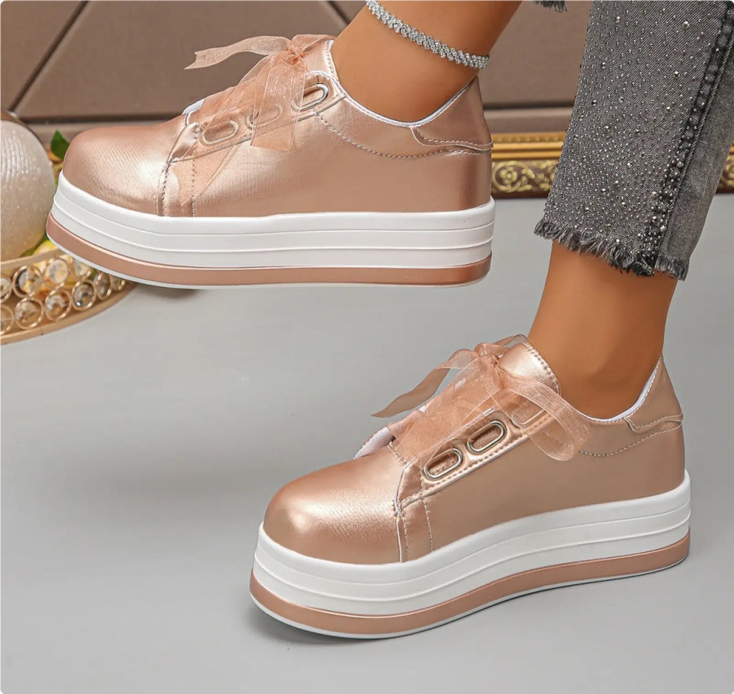 Women's Metallic Lace Up Platform Round Toe Casual Shoes