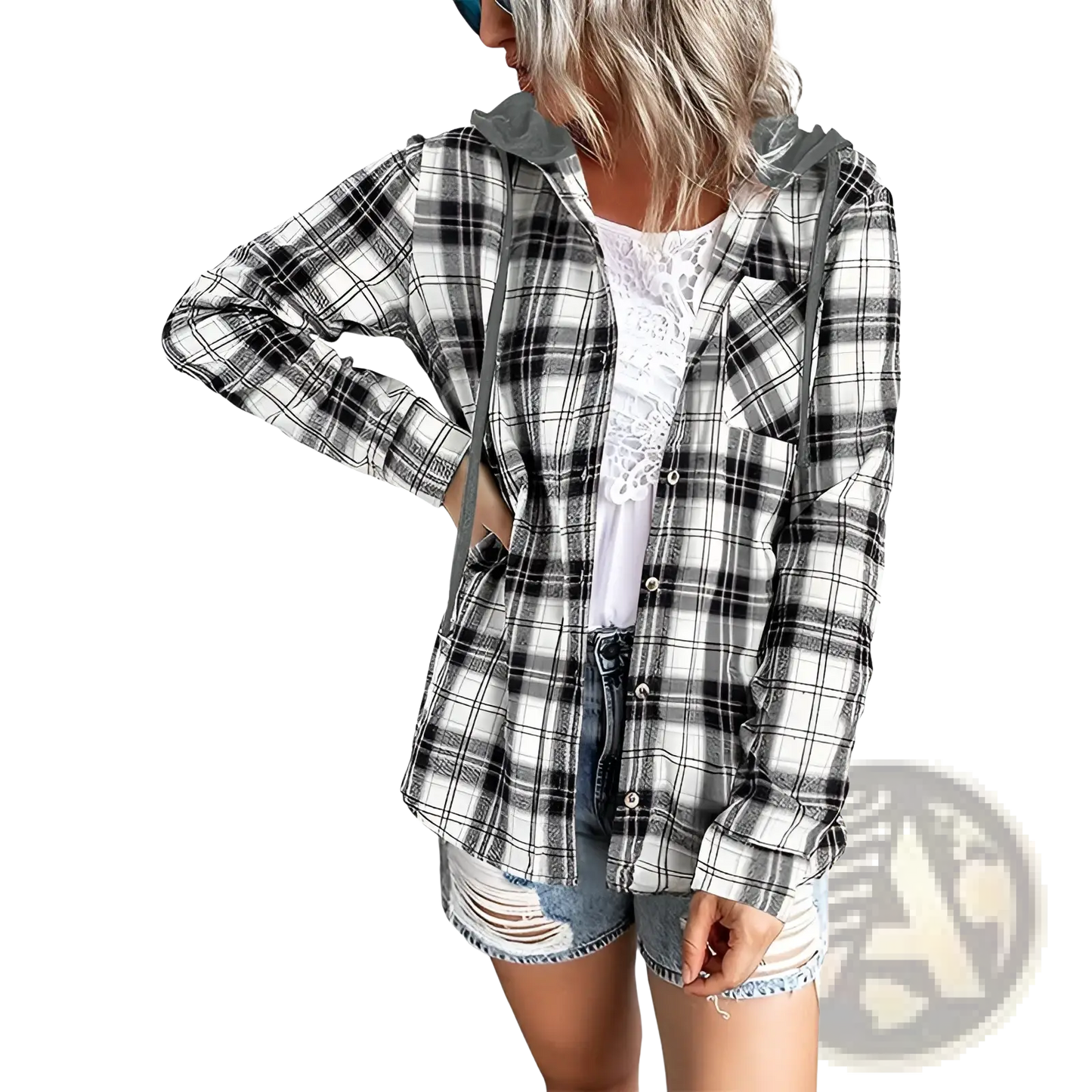 Women's Plaid Long Sleeve Hooded Button Up Shirt