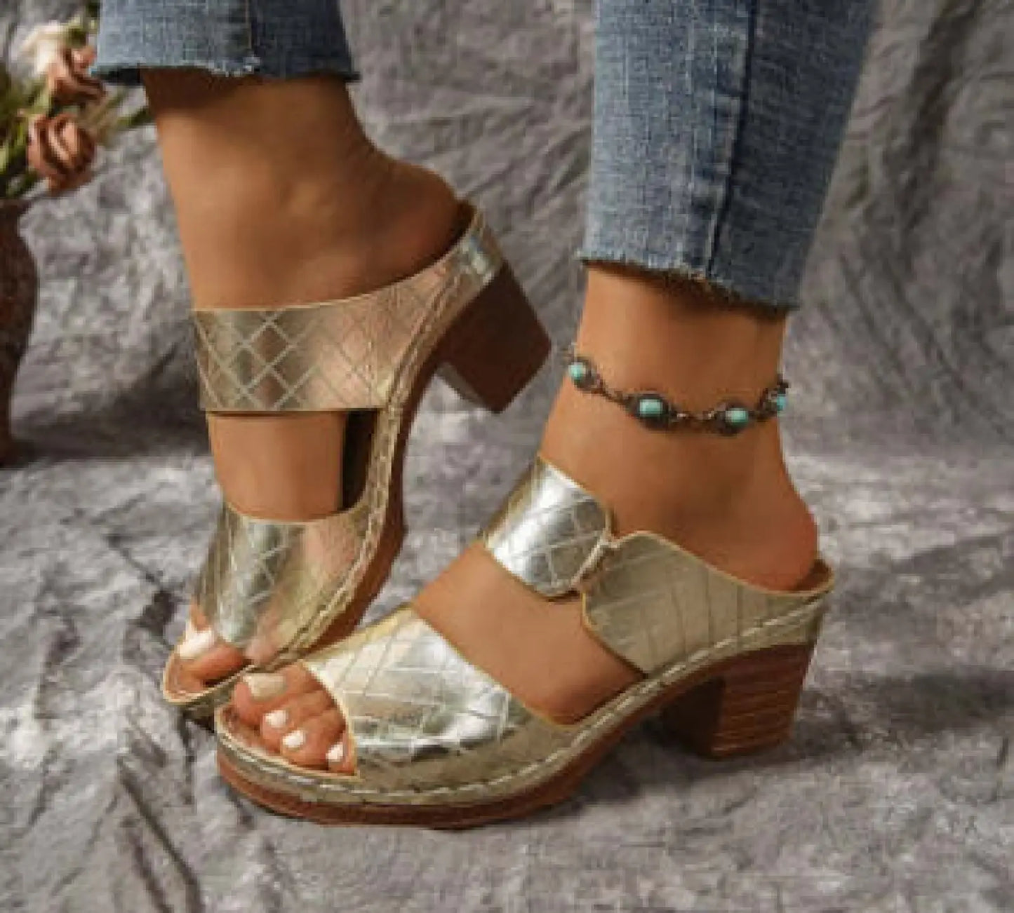 Women's Plaid Round Toe Chunky Heel Sandals