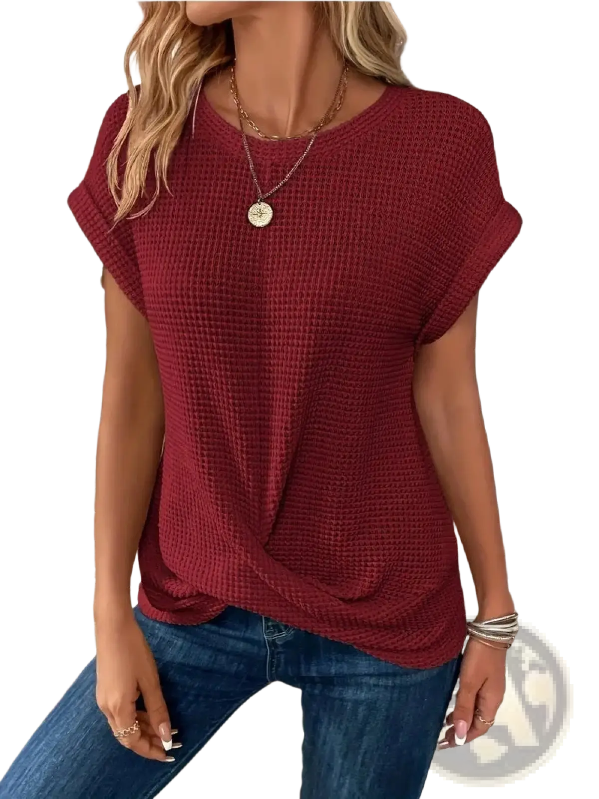 Women's Relaxed Fit Waffle Knit Short Sleeve Top
