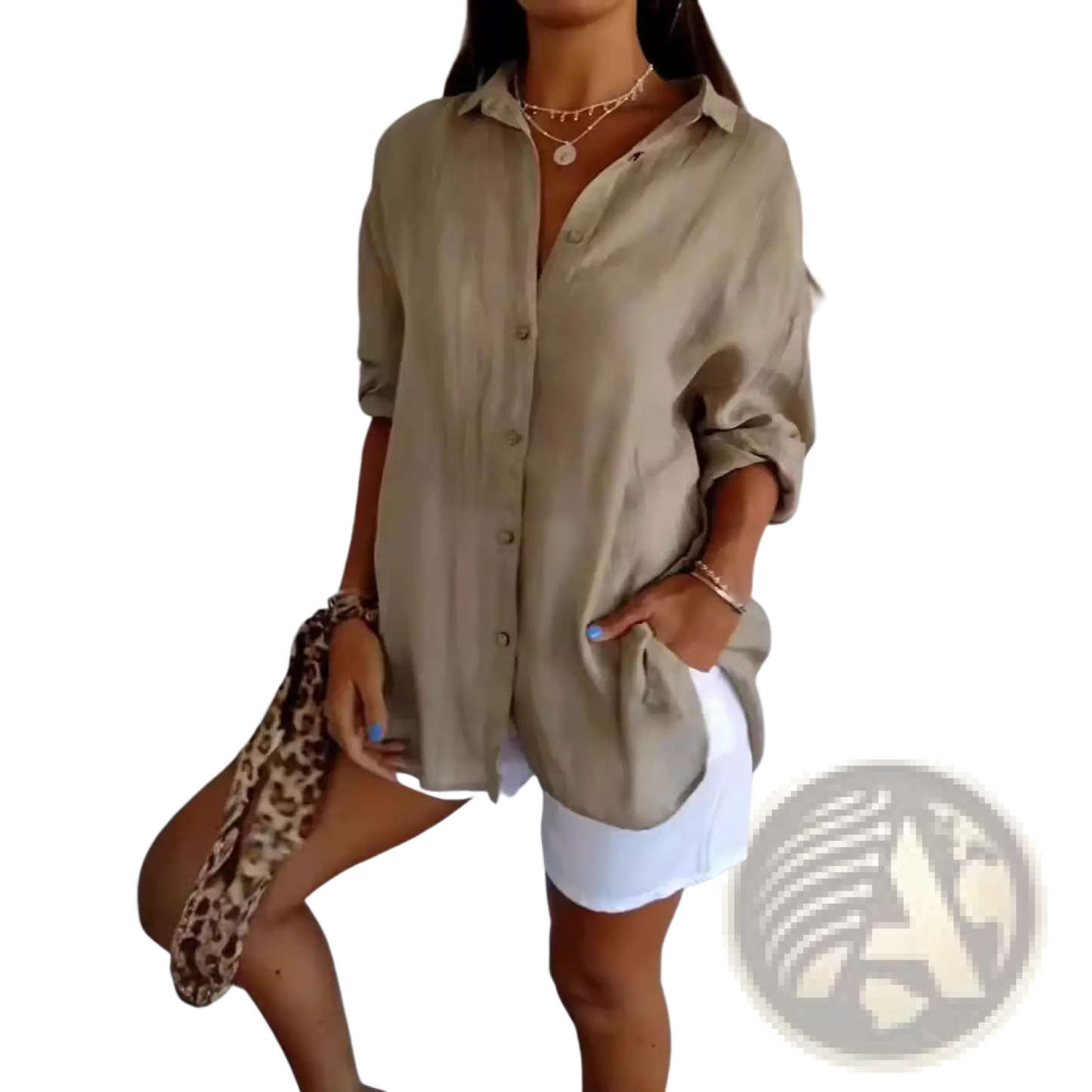 Women's Relaxed Pleated Button Up Shirt with Rolled Sleeves