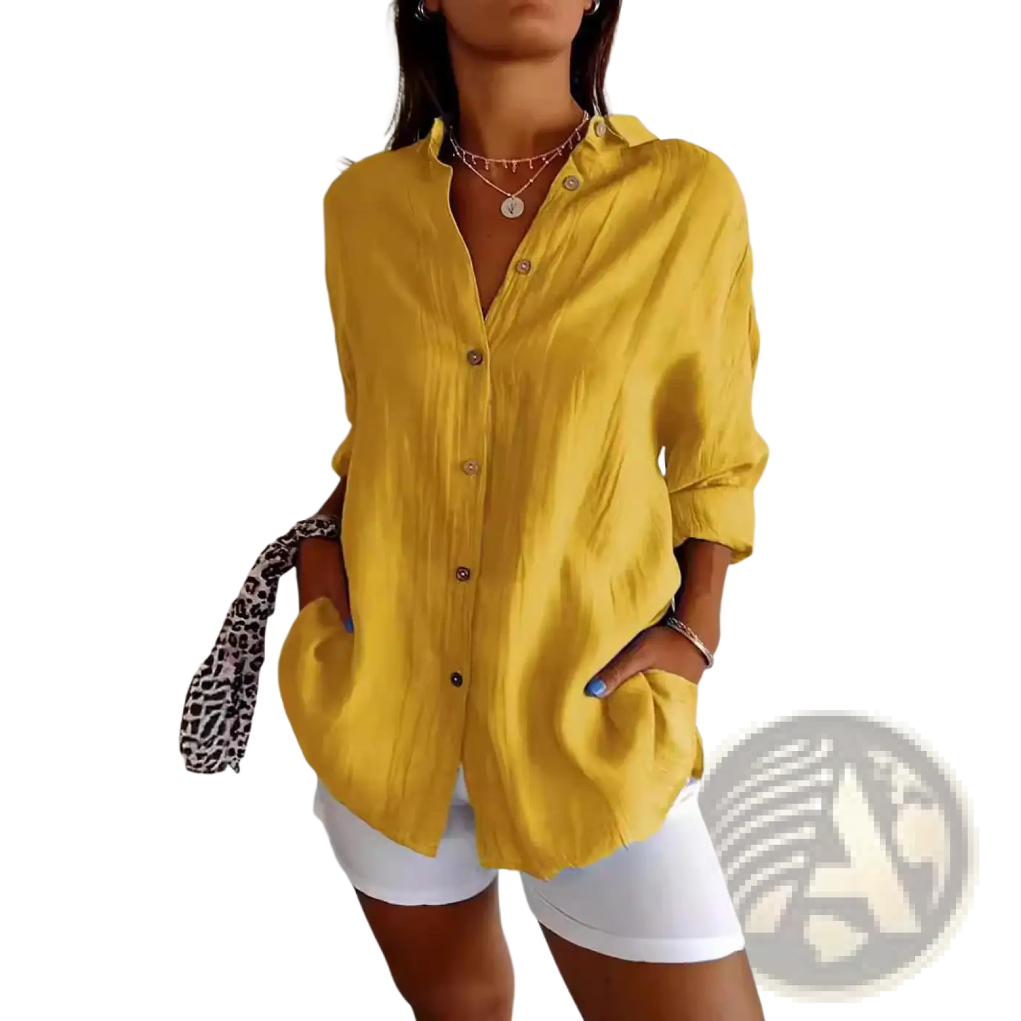 Women's Relaxed Pleated Button Up Shirt with Rolled Sleeves