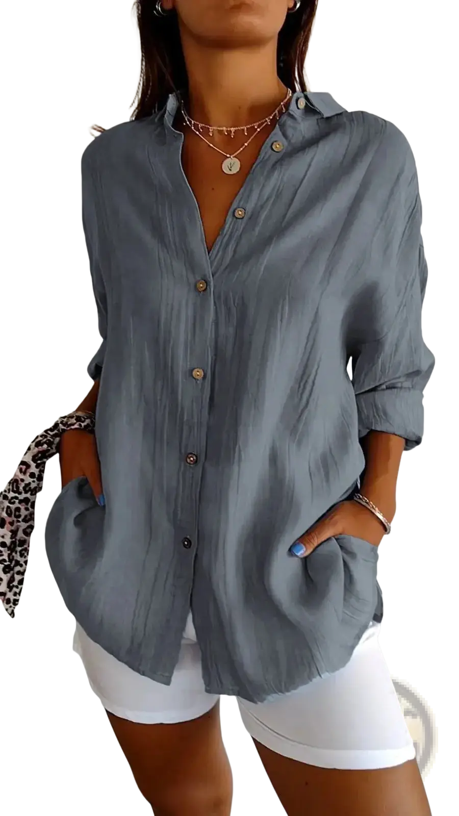 Women's Relaxed Pleated Button Up Shirt with Rolled Sleeves