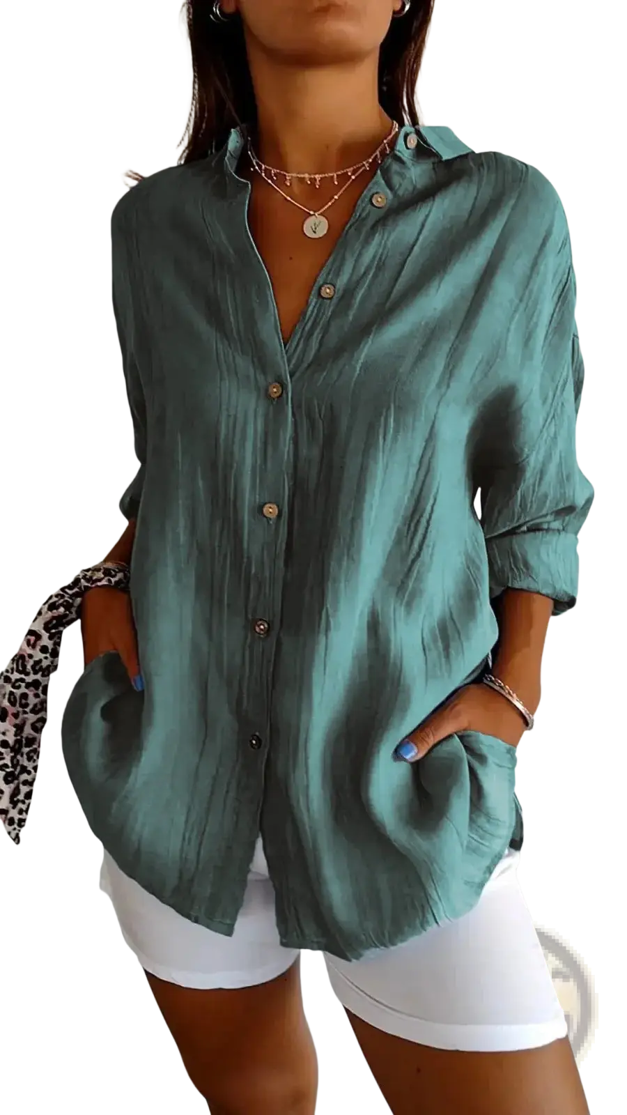 Women's Relaxed Pleated Button Up Shirt with Rolled Sleeves