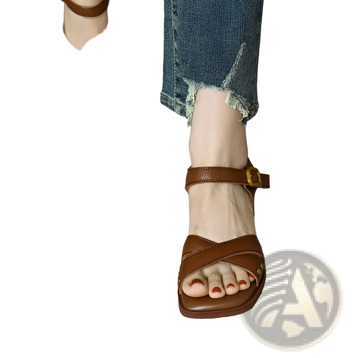 Women's Retro French Leather Mid Heel Sandals