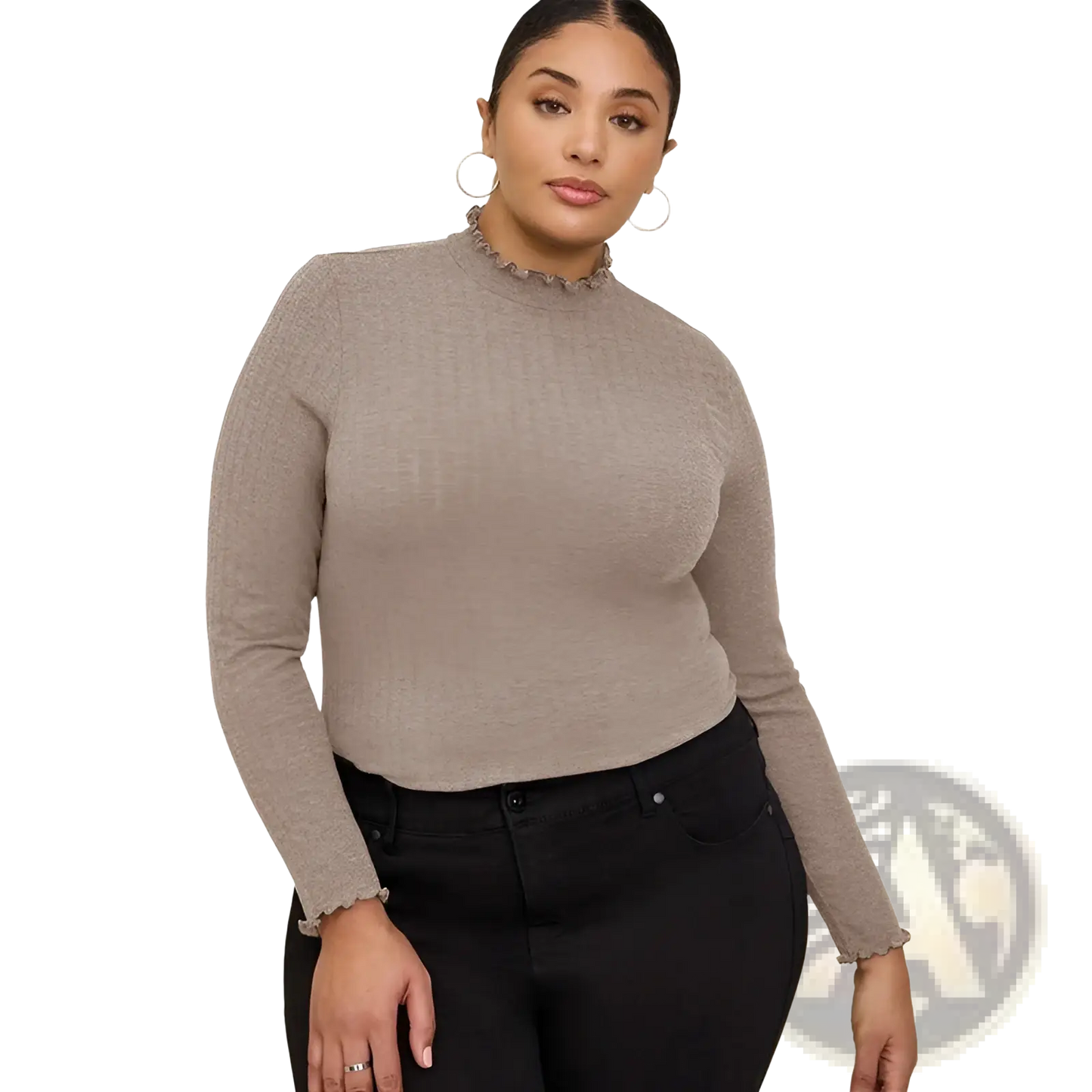 Women's Ruffled Ribbed Knit Slim Fit Mock Neck Top