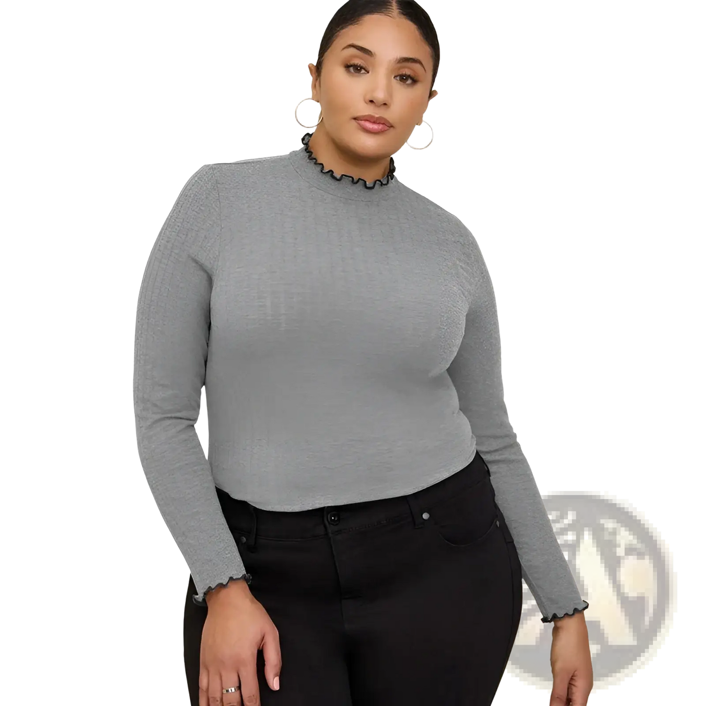 Women's Ruffled Ribbed Knit Slim Fit Mock Neck Top