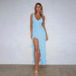 Ruffled Split V-neck Sleeveless Evening Maxi Dress