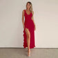 Ruffled Split V-neck Sleeveless Evening Maxi Dress