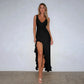 Ruffled Split V-neck Sleeveless Evening Maxi Dress