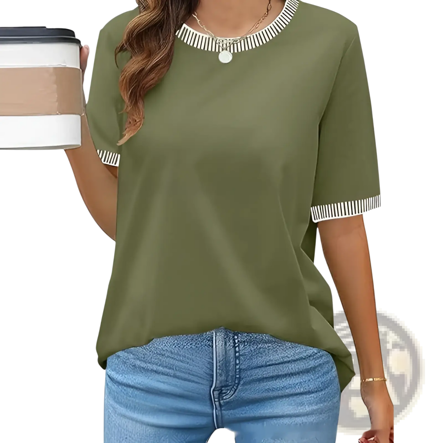 Women's Striped Ruffle Trim Short Sleeve Knit Top