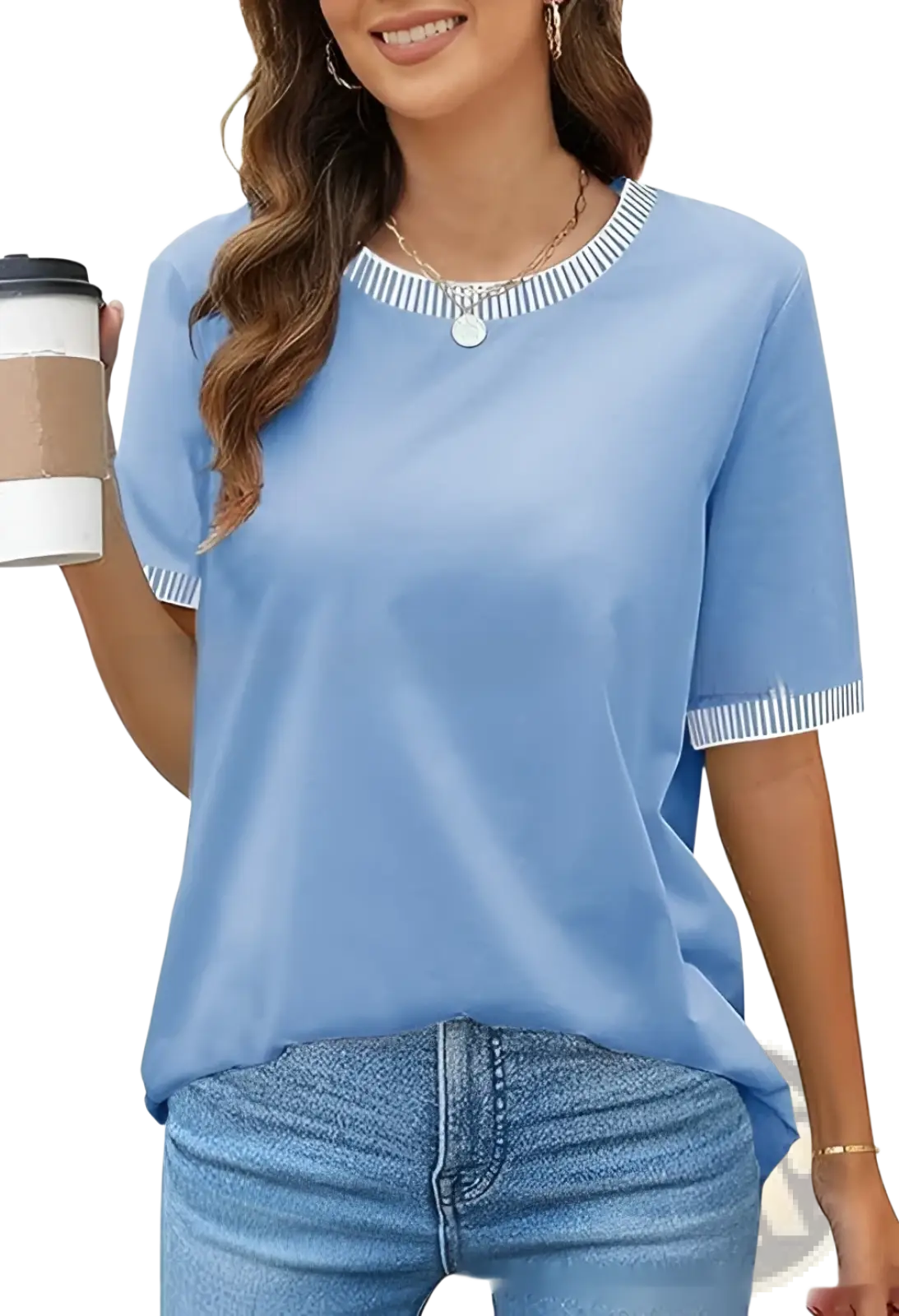 Women's Striped Ruffle Trim Short Sleeve Knit Top