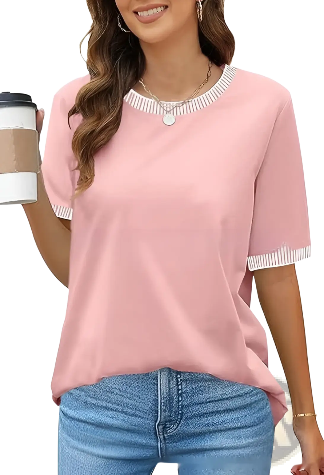 Women's Striped Ruffle Trim Short Sleeve Knit Top