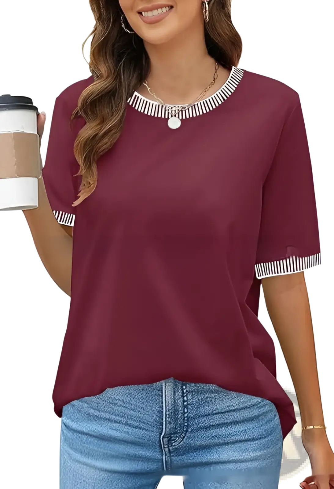 Women's Striped Ruffle Trim Short Sleeve Knit Top