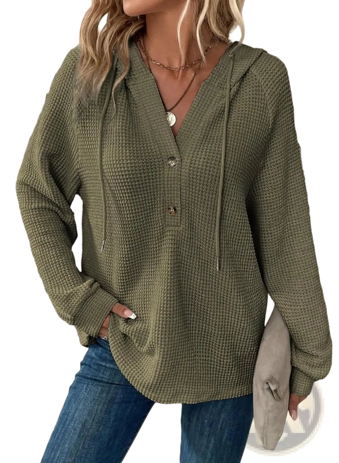 Women's v Neck Waffle Knit Button Hoodie Sweater