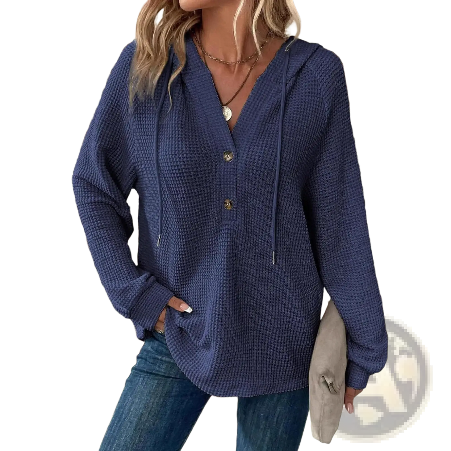 Women's v Neck Waffle Knit Button Hoodie Sweater