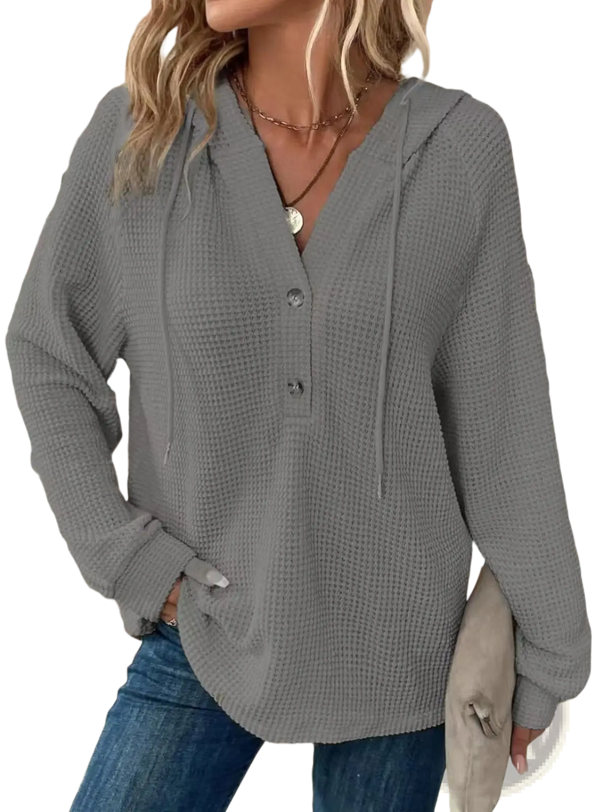 Women's v Neck Waffle Knit Button Hoodie Sweater