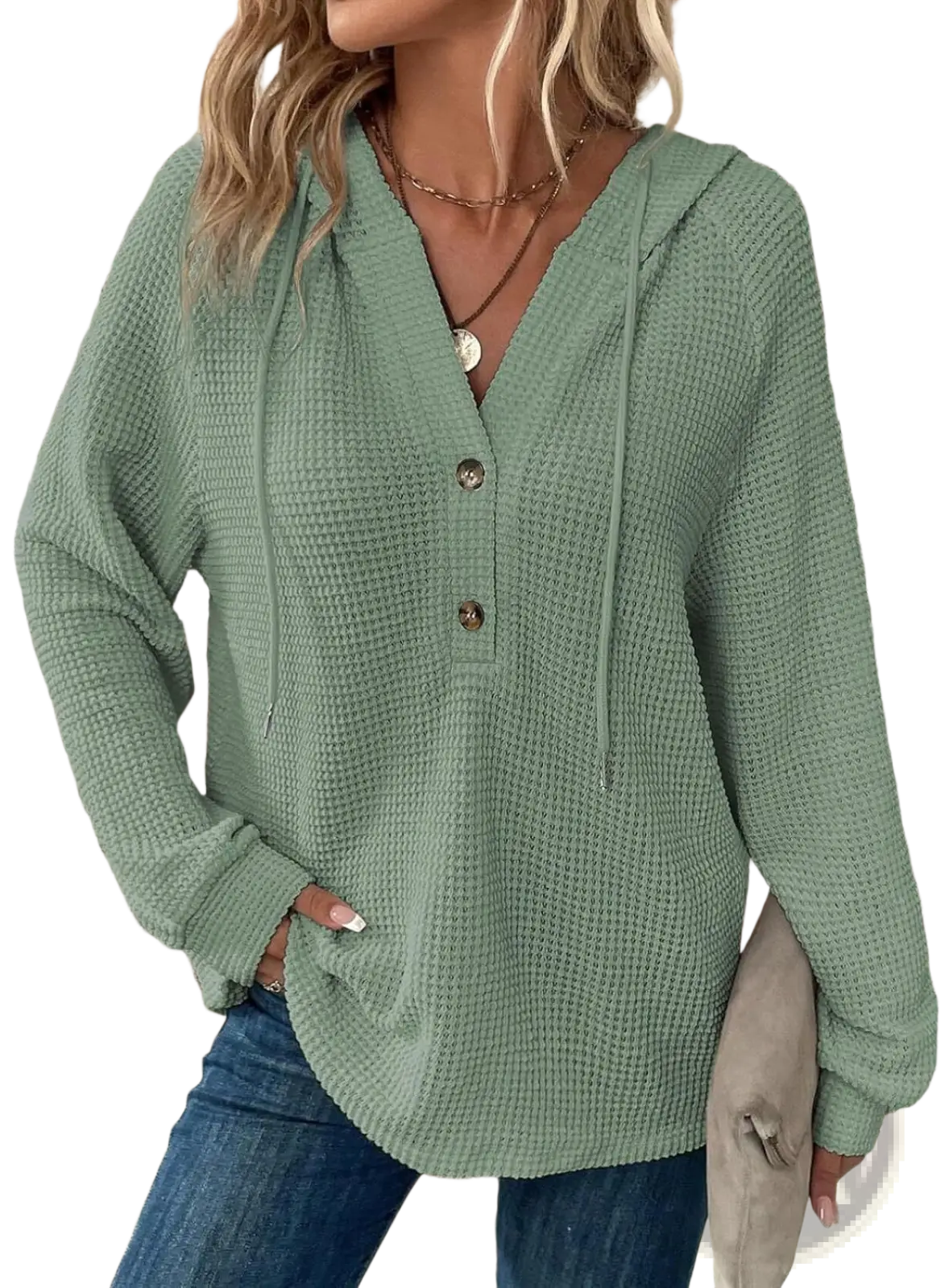 Women's v Neck Waffle Knit Button Hoodie Sweater