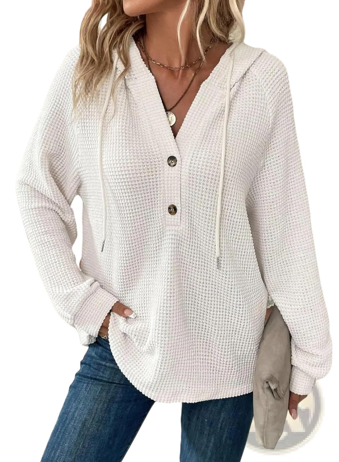 Women's v Neck Waffle Knit Button Hoodie Sweater