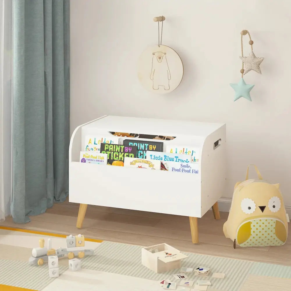 White Wooden Toy Box and Bookshelf Bench with Safety Hinge