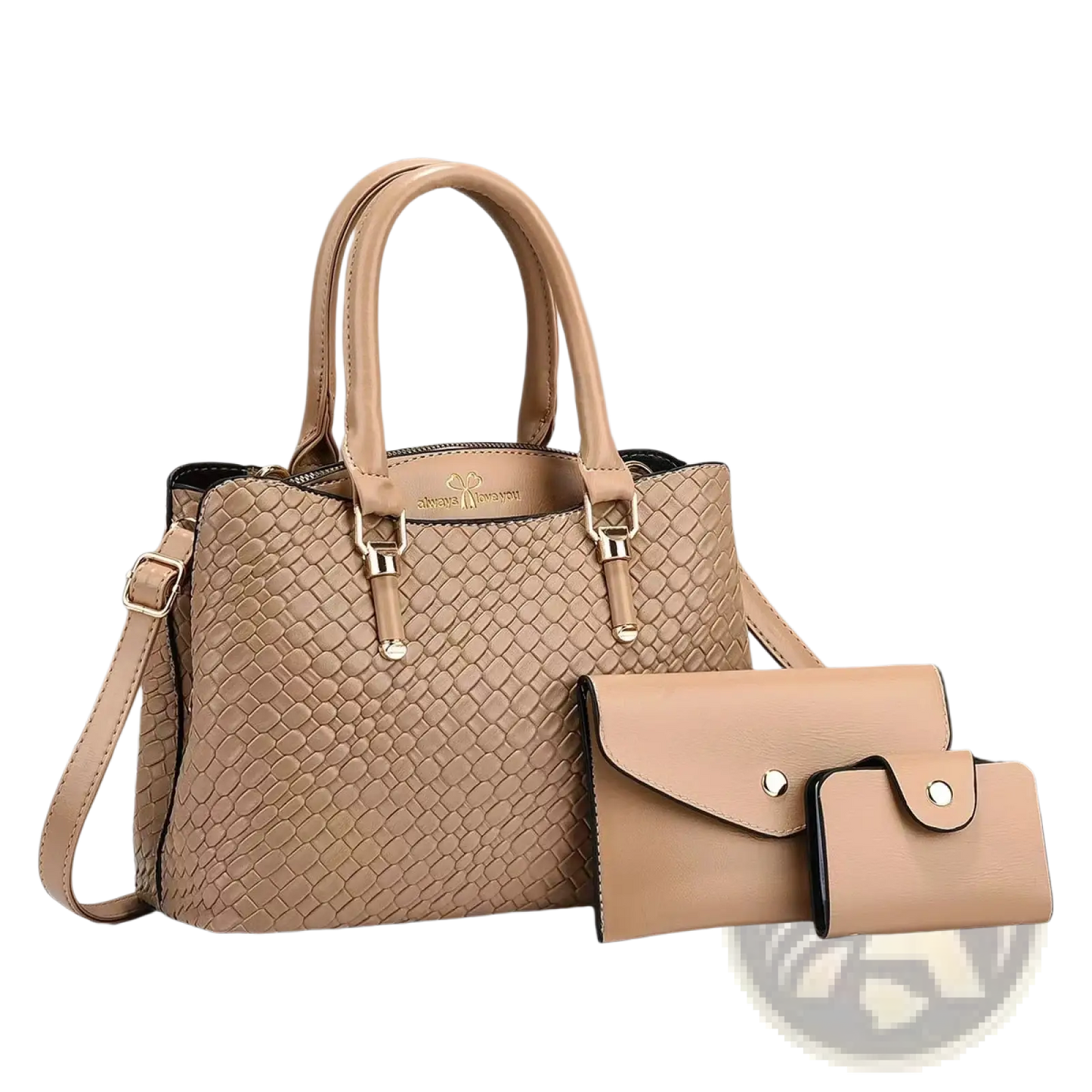 Woven Leather Three Piece Handbag Set with Gold Hardware