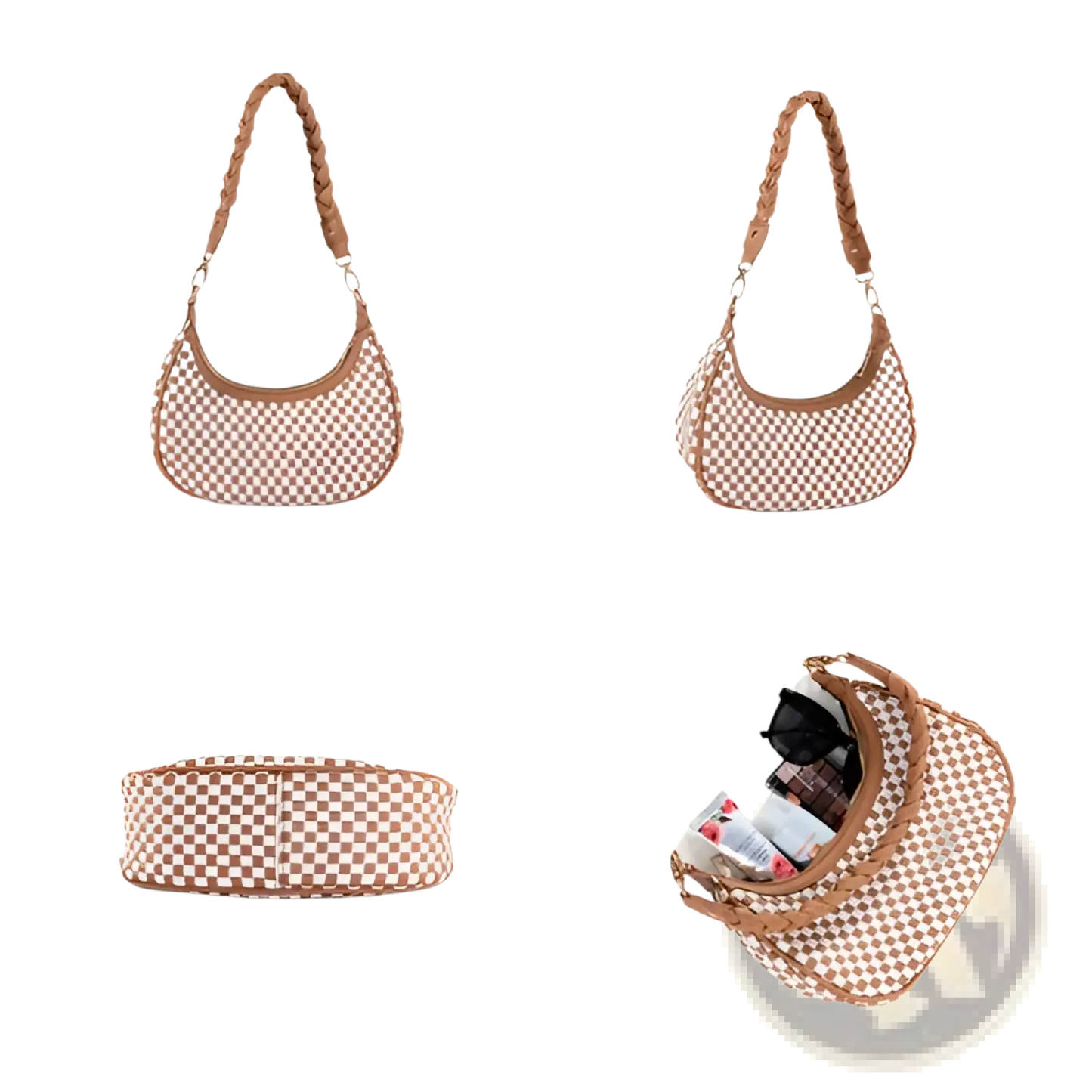 Woven Vegan Leather Checkered Hobo Shoulder Bag