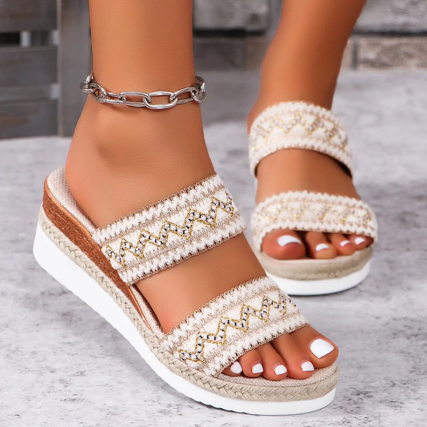 Woven Wavy Pattern Ethnic Wedge Sandals for Women