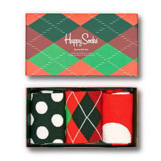 Pacote com 3 meias de algodão sortidas Happy Socks Holiday Classics, caixa de presente vermelha, tamanho 8-12