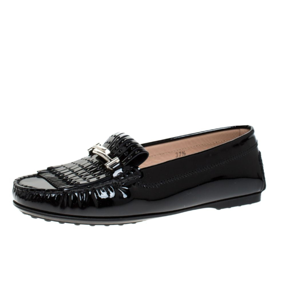 Mocassim Tod's Feminino Preto Couro Envernizado Gommino Franja Duplo T Tamanho 41