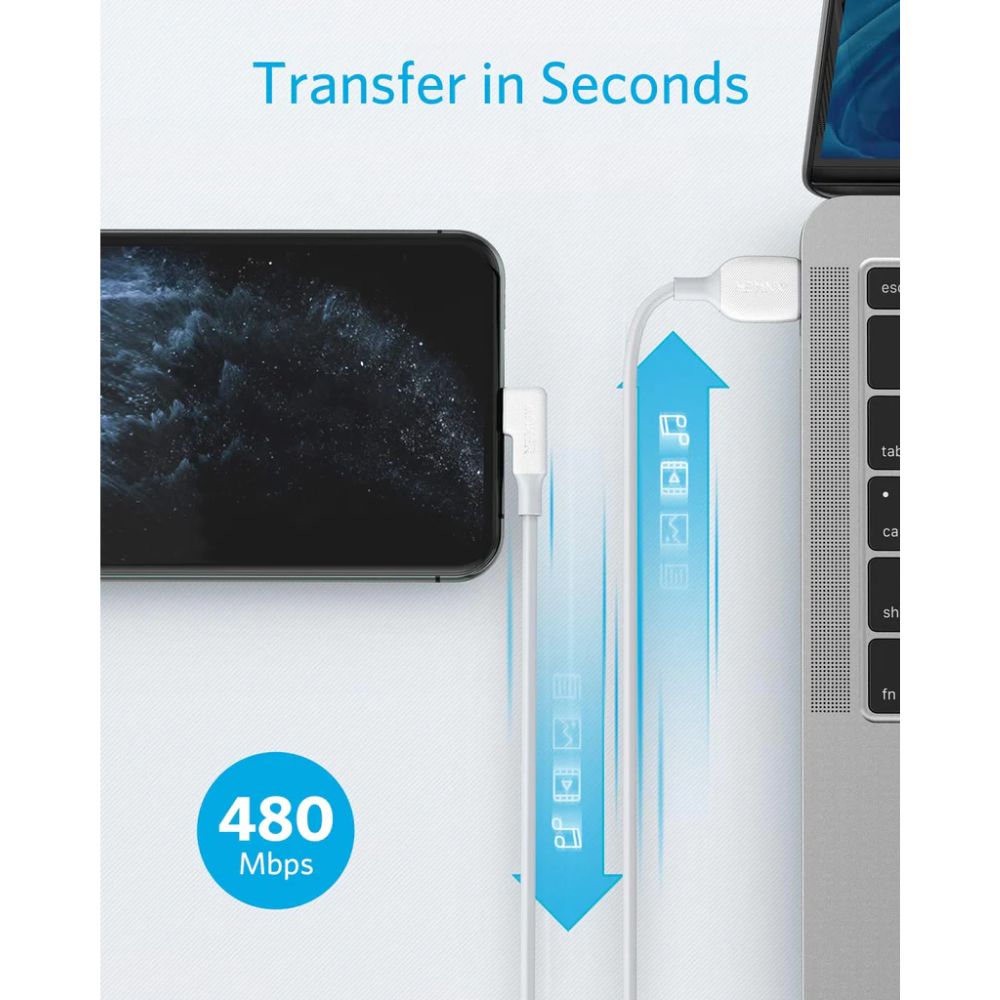 Cabo Anker Powerline 6' 90 graus Lightning para USB-A - Branco