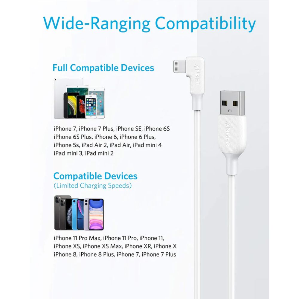 Cabo Anker Powerline 6' 90 graus Lightning para USB-A - Branco