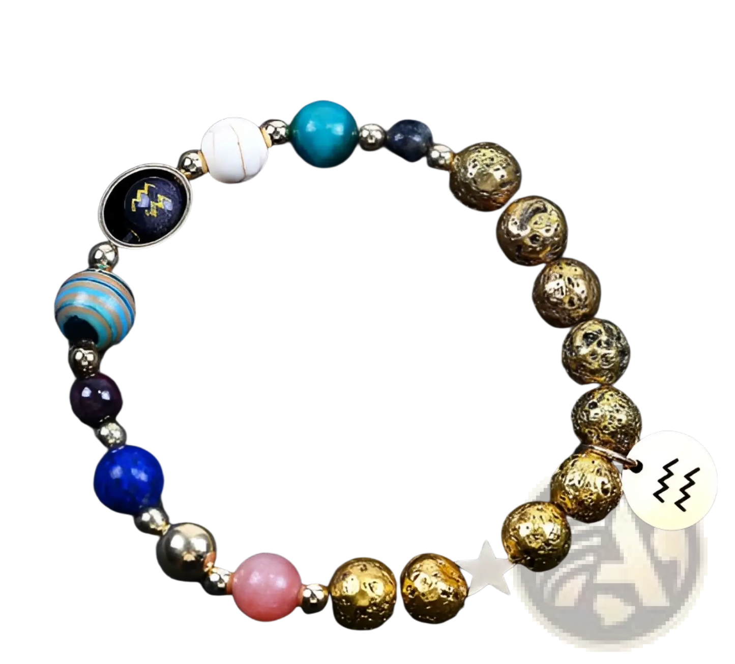 Zodiac Volcanic Stone Beaded Bracelet with Gold Charms