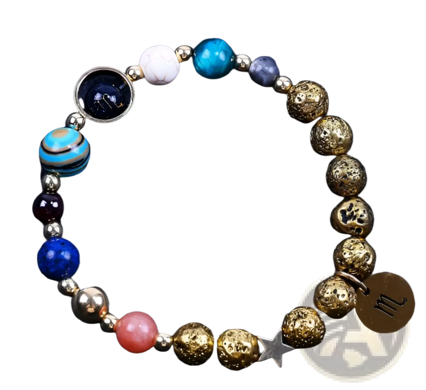Zodiac Volcanic Stone Beaded Bracelet with Gold Charms
