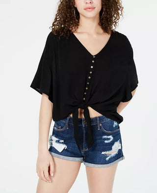 Blusa lisa com amarração frontal Ultra Flirt Junior, preta, tamanho X-S