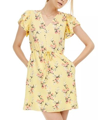 Vestido feminino Maison Jules com estampa floral e mangas esvoaçantes, amarelo, tamanho X-S
