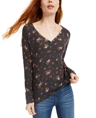 Blusa Henley com estampa floral e textura waffle Ultra Flirt Junior, preta, tamanho X-S