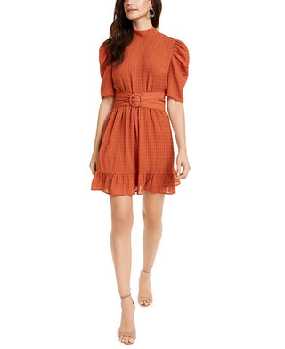 Vestido curto feminino Leyden com manga bufante e cinto, tamanho médio, cobre