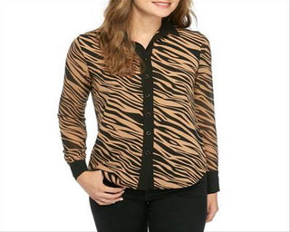 Camisa feminina Anne Klein com botões e estampa de zebra, marrom, tamanho 10