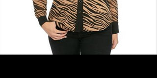 Camisa feminina Anne Klein com botões e estampa de zebra, marrom, tamanho 10
