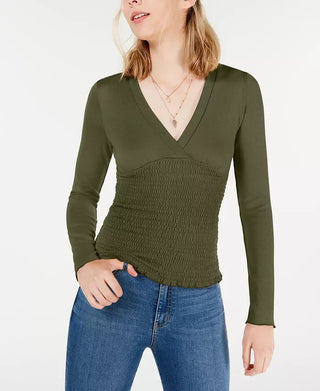 Blusa com decote em V franzido para calouros, tamanho pequeno, verde