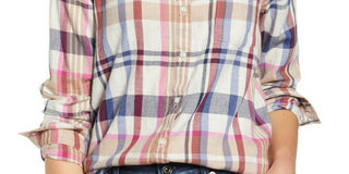 Camisa xadrez feminina clássica Lucky Brand com um bolso, azul, tamanho extra pequeno