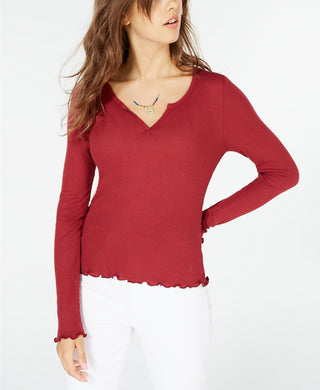 Top Hippie Rose Juniors Waffle-Knit com Borda de Alface Vermelho Tamanho Extra Pequeno
