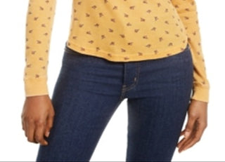 Blusa casual feminina Ultra Flirt com decote redondo e waffle, amarela, tamanho médio