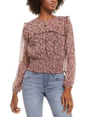 Love Fire Blusa feminina estampada com babados, cor vinho, tamanho extrapequeno