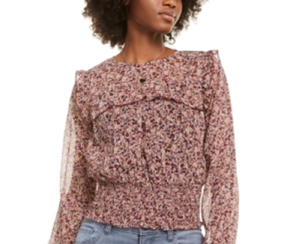 Love Fire Blusa feminina estampada com babados, cor vinho, tamanho extrapequeno