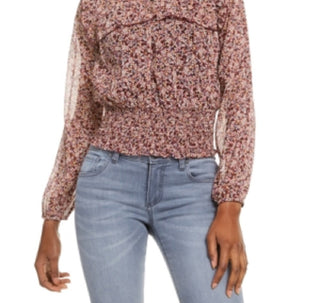 Love Fire Blusa feminina estampada com babados, cor vinho, tamanho extrapequeno